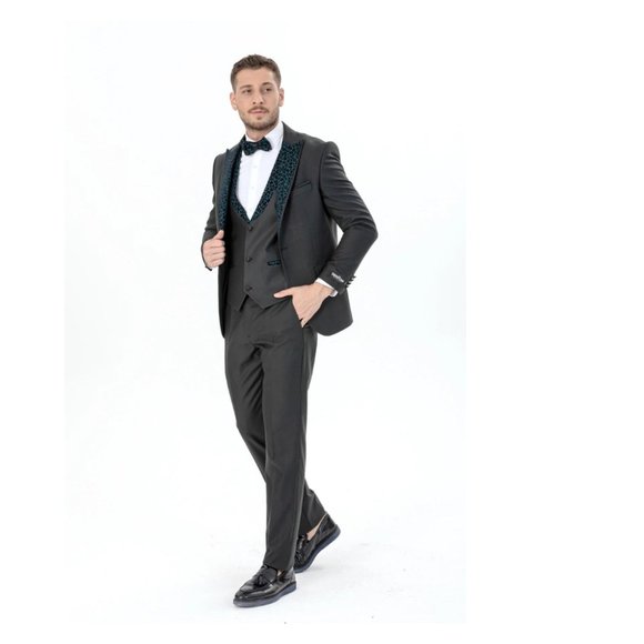 Derman Green Luxury Patterned Collar Tuxedo Tuxedo 3 Piece - Picture 3 of 6